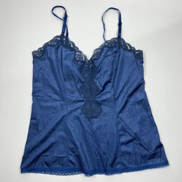 Vintage Navy Blue Lace Semi Sheer Cami By Fortune Adjustable Straps Sz Large - Picture 1 of 8